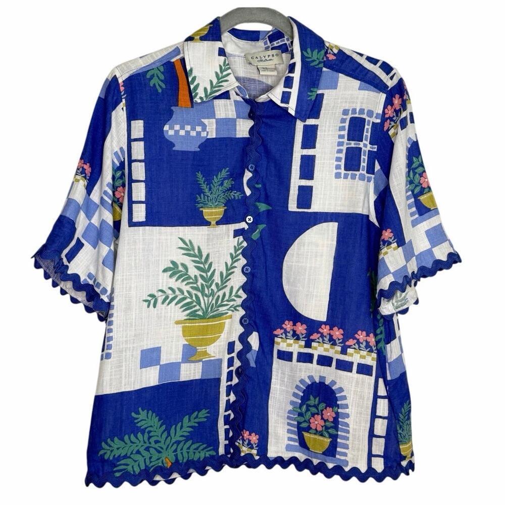 Calypso St. Barth Resort Short Sleeve Button-Down Shirt Blue/White Womens Size M - Picture 2 of 10